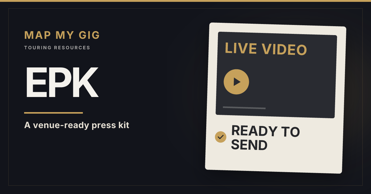 Map My Gig EPK cover with a press-kit document, Live Video play symbol, and Ready to Send checklist.