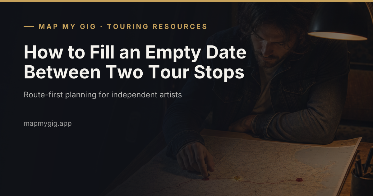 Independent touring musician studying a road map between two confirmed tour stops with a potential middle-market venue marked in gold