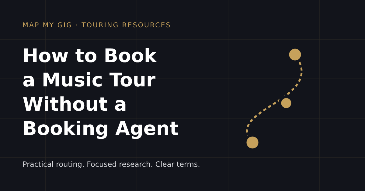 Map My Gig guide to booking a music tour without a booking agent, with a stylized connected route.