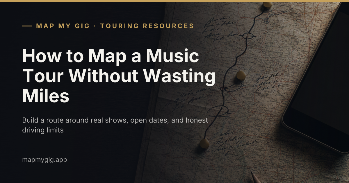 Paper road map with confirmed music tour dates and an open date marked between them