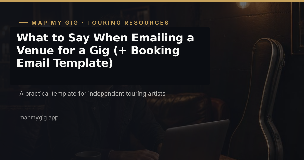 An independent musician in a venue green room writing a booking email on a laptop, guitar case nearby under warm string lights